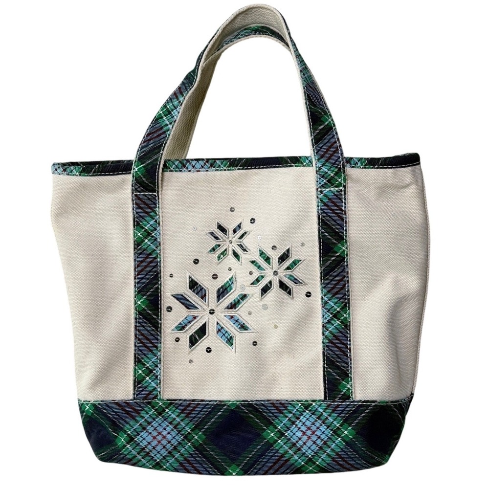 Lands End Medium Canvas Boat and Tote Bag Cream Green Plaid Snowflake Holiday
